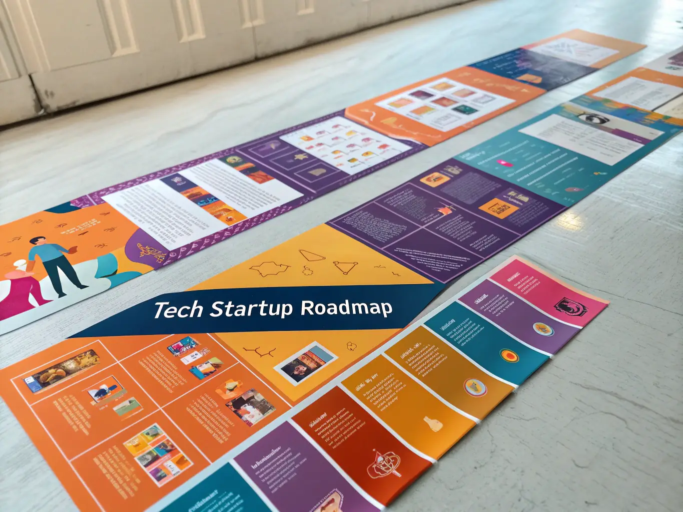 A detailed roadmap outlining the steps to start a business, featuring icons representing different stages such as planning, funding, marketing, and scaling, all leading to a successful launch.